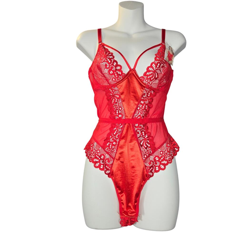 Escante‎ Red Satin Lace Teddy Bodysuit Medium NWT Lingerie Sheer Sexy Romantic